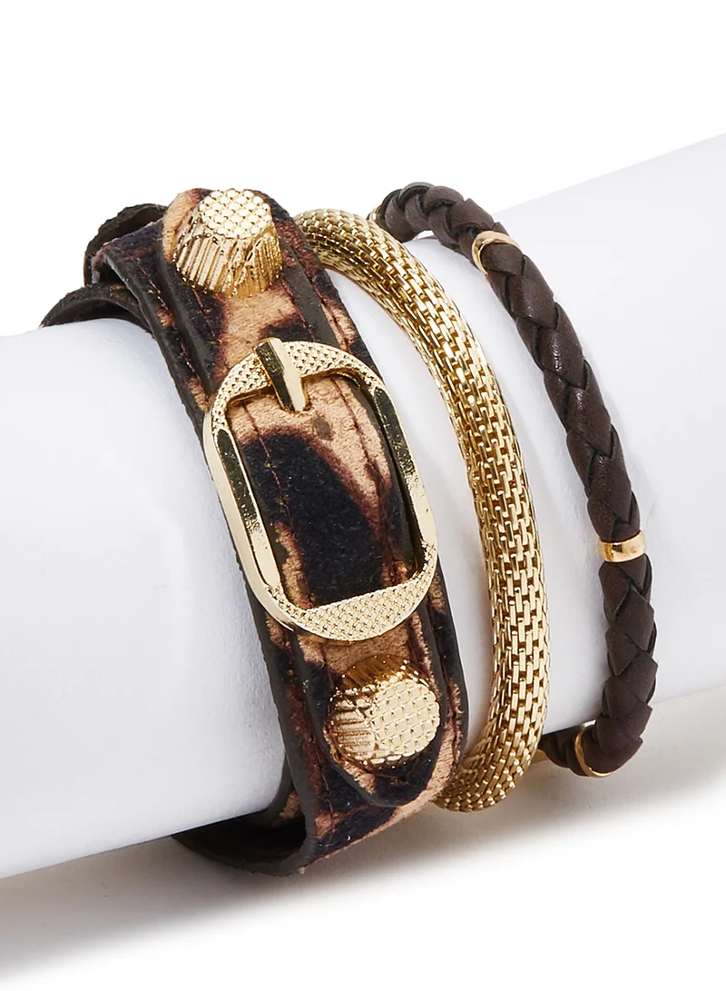 Rocawear Set of 3 Assorted Leather and Metal Stackable  Bracelet