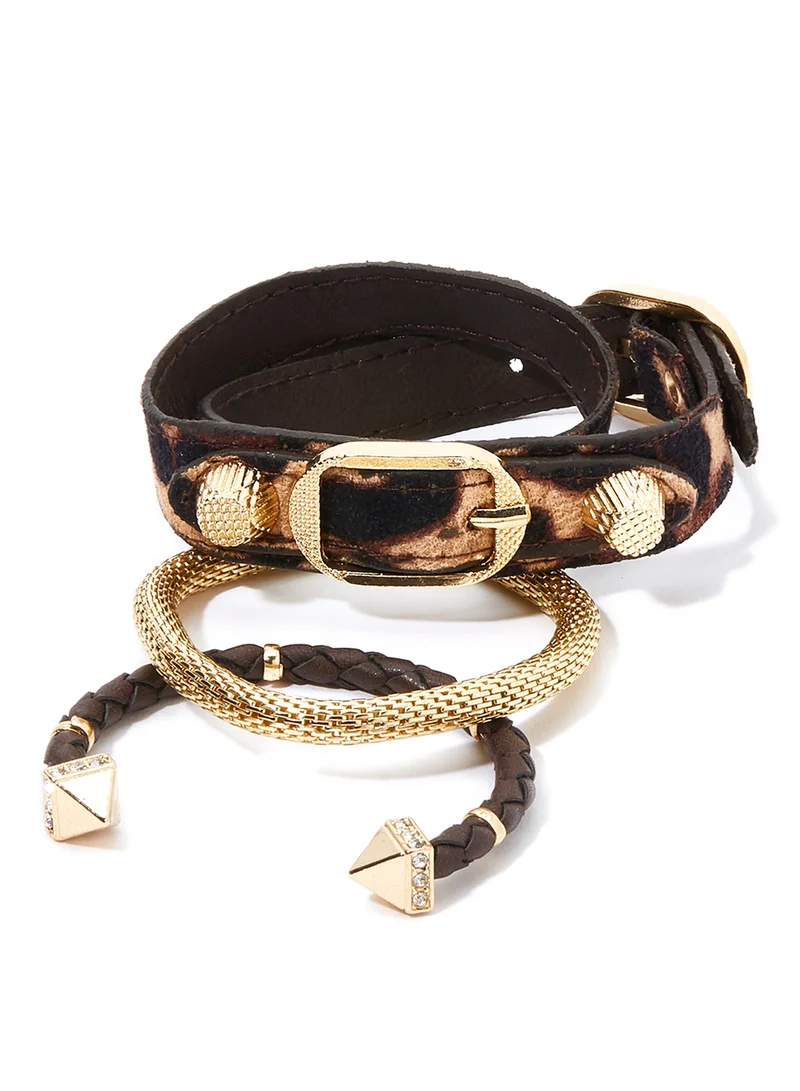Rocawear Set of 3 Assorted Leather and Metal Stackable  Bracelet