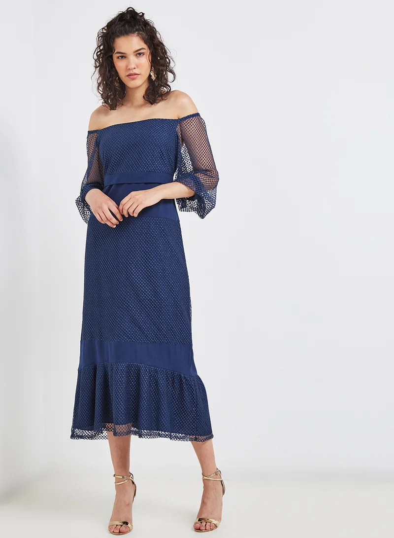 High Streets Solid Design Lace Sleeves Midi Dress