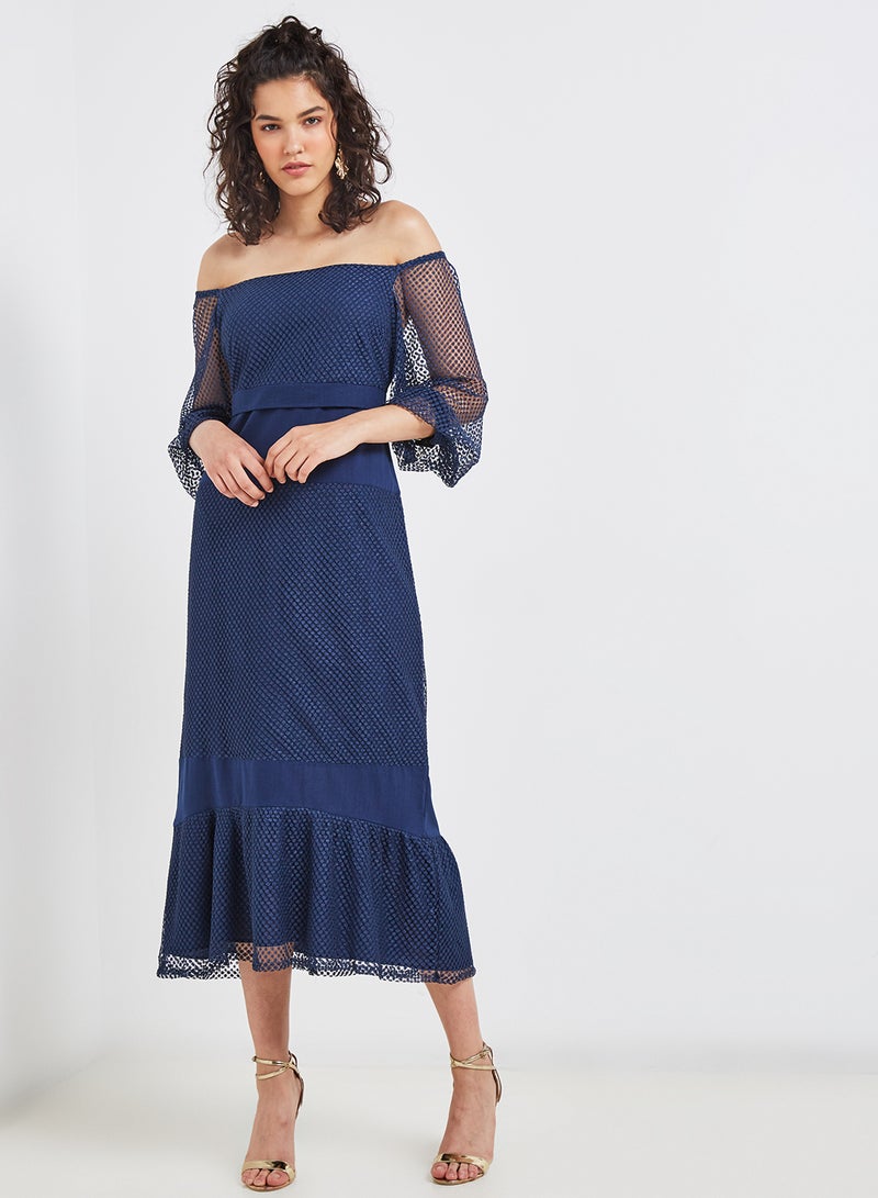 High Streets Solid Design Lace Sleeves Midi Dress Navy  - Image 1