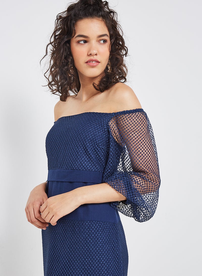 High Streets Solid Design Lace Sleeves Midi Dress Navy  - Image 3