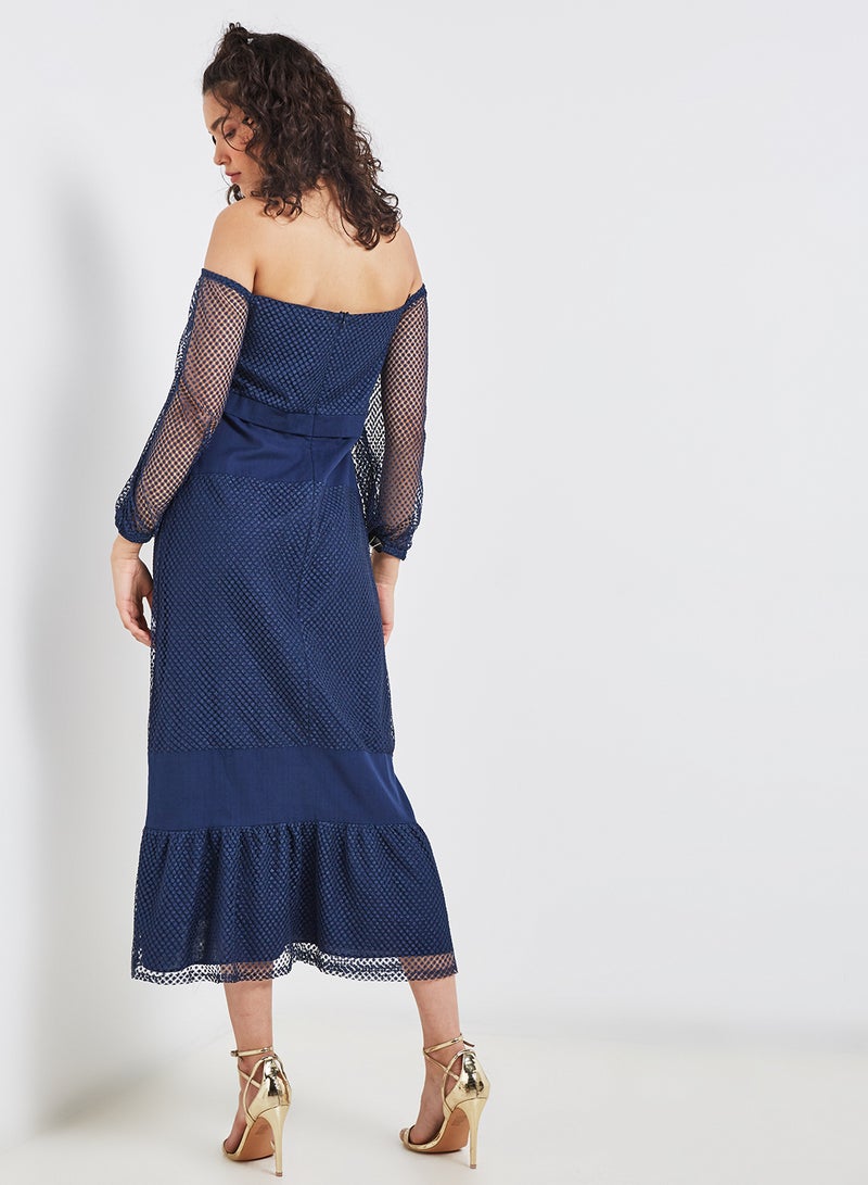 High Streets Solid Design Lace Sleeves Midi Dress Navy  - Image 2