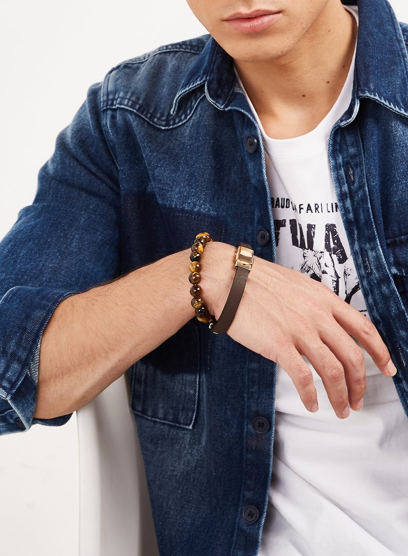 English Laundry - Set of 2 Leather andTiger's Eye Beads Bracelet - Image 1