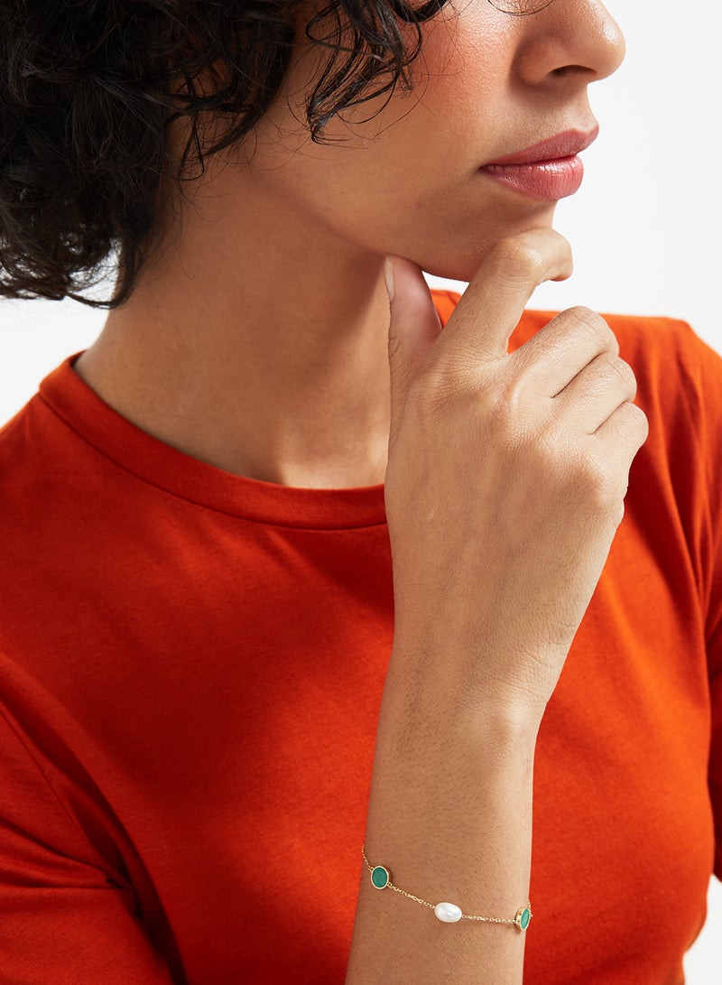 Capri Gold 18 Karat Gold Malachite And Pearl Three Stone Bracelet - Image 5