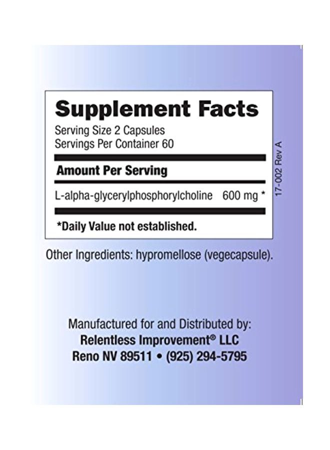 Relentless Improvement - Alpha GPC Choline Alfoscerate Supplement - 120 Capsules - Image 1