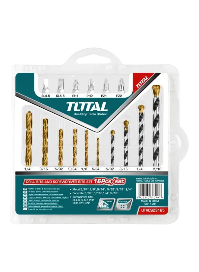 TOTAL 16-Piece Drill Bits And Set Screwdriver Bits Set Gold/Silver 