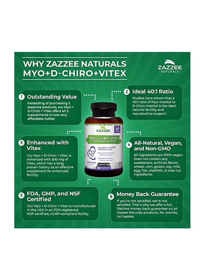 Zazzee - Myo + D-Chiro + Vitex Premium Inositol Blend 500mg Dietary Supplement - 120 Veg Capsules - Image 1