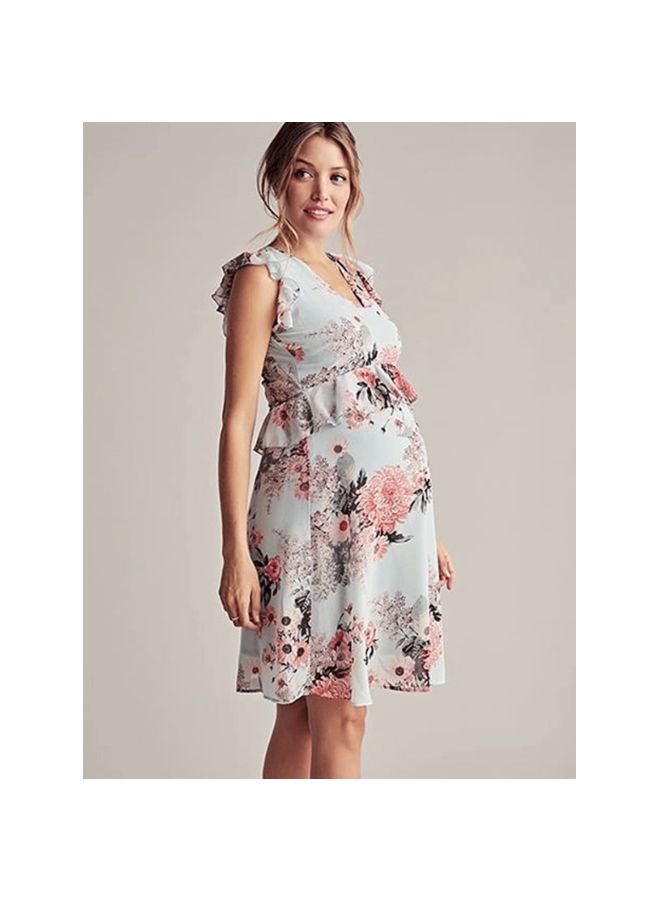 Mini Round Neck Floral Printed Maternity Dress White/Pink/Grey  - Image 4