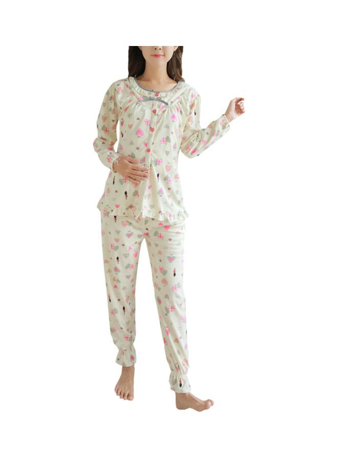 2-Piece Long Sleeve Printed Maternity Pyjama Set Off White/Pink/Green - Image 1