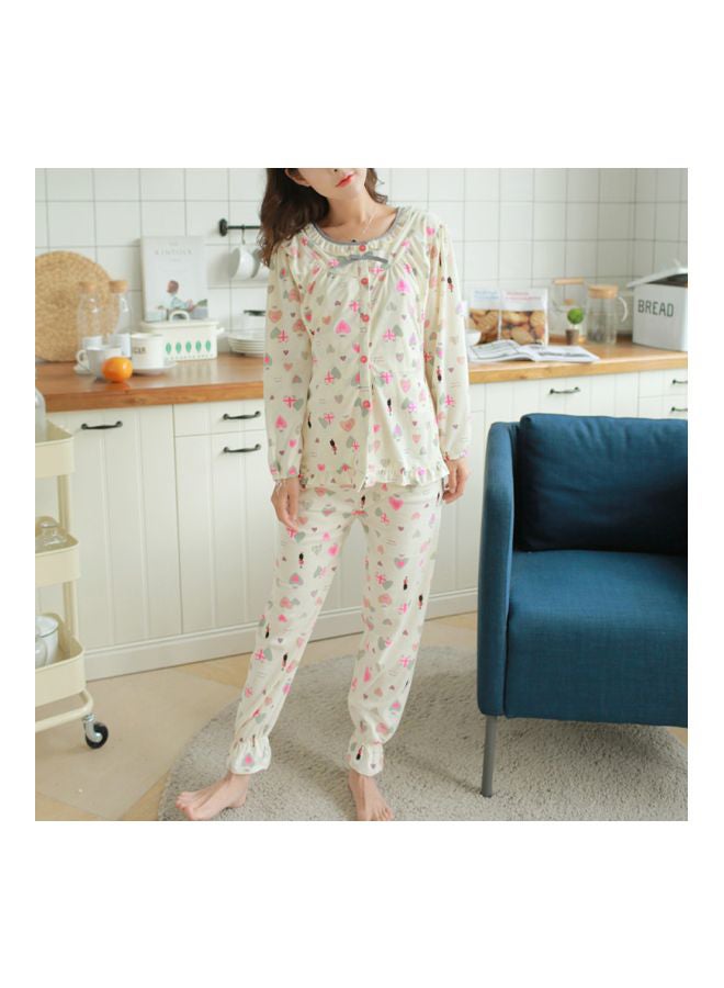 2-Piece Long Sleeve Printed Maternity Pyjama Set Off White/Pink/Green - Image 4