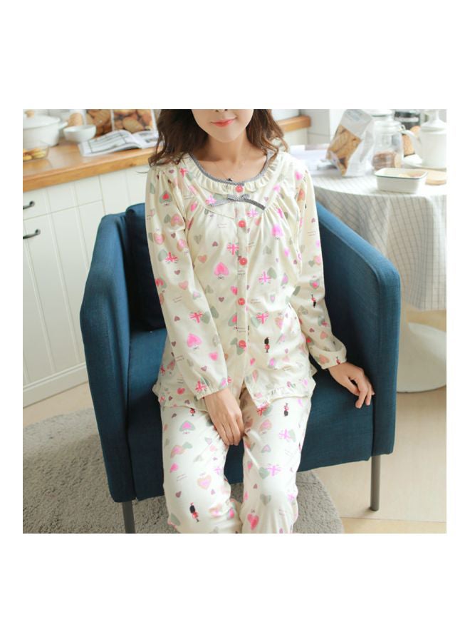 2-Piece Long Sleeve Printed Maternity Pyjama Set Off White/Pink/Green - Image 3