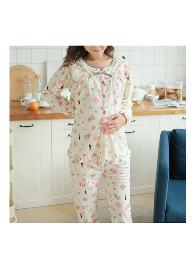 2-Piece Long Sleeve Printed Maternity Pyjama Set Off White/Pink/Green - Image 5
