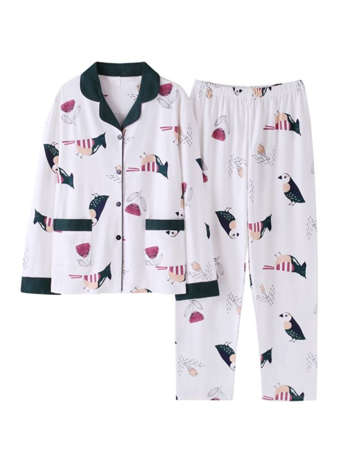 2-Piece Long Sleeve Printed Pyjama Set White  - Image 1