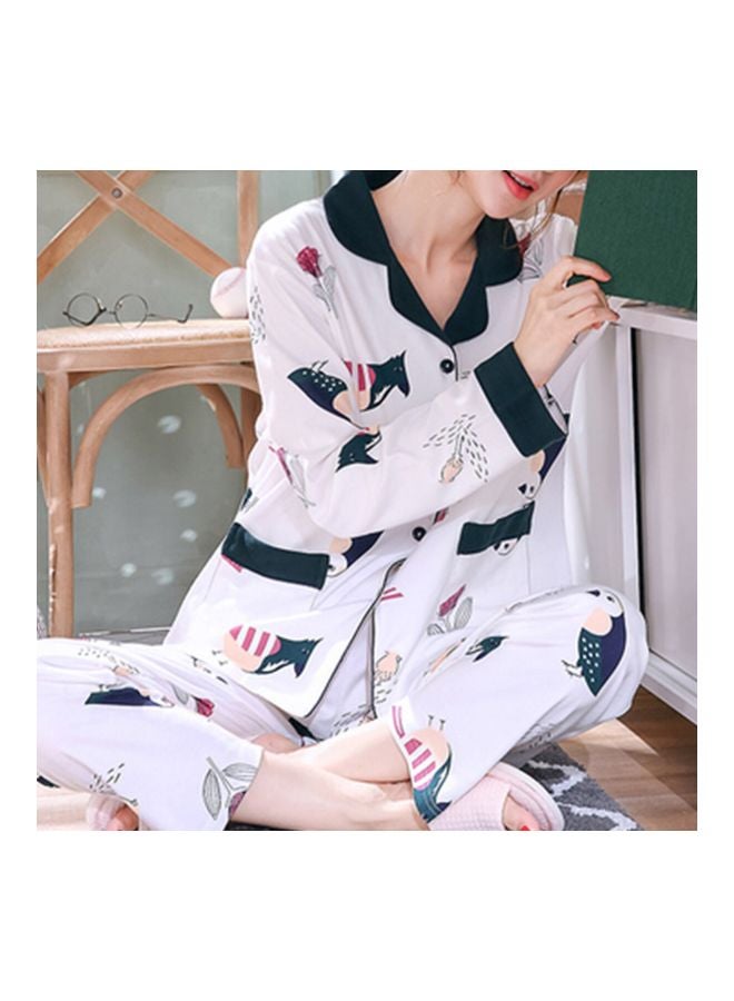 2-Piece Long Sleeve Printed Pyjama Set White  - Image 3