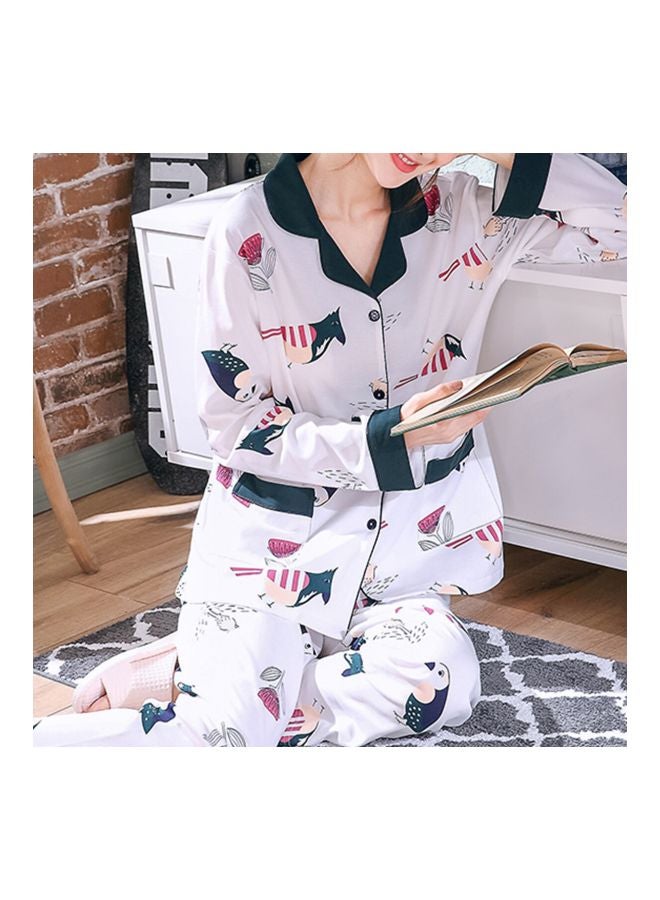 2-Piece Long Sleeve Printed Pyjama Set White  - Image 4