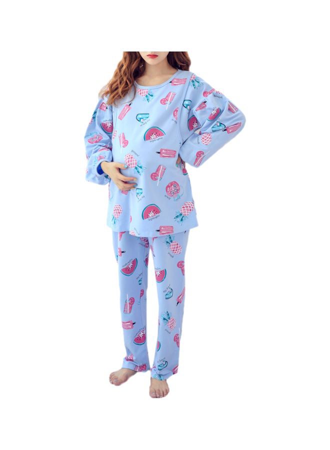 2-Piece Fruit Printed Maternity Pajama Set Blue/Pink/White - Image 1