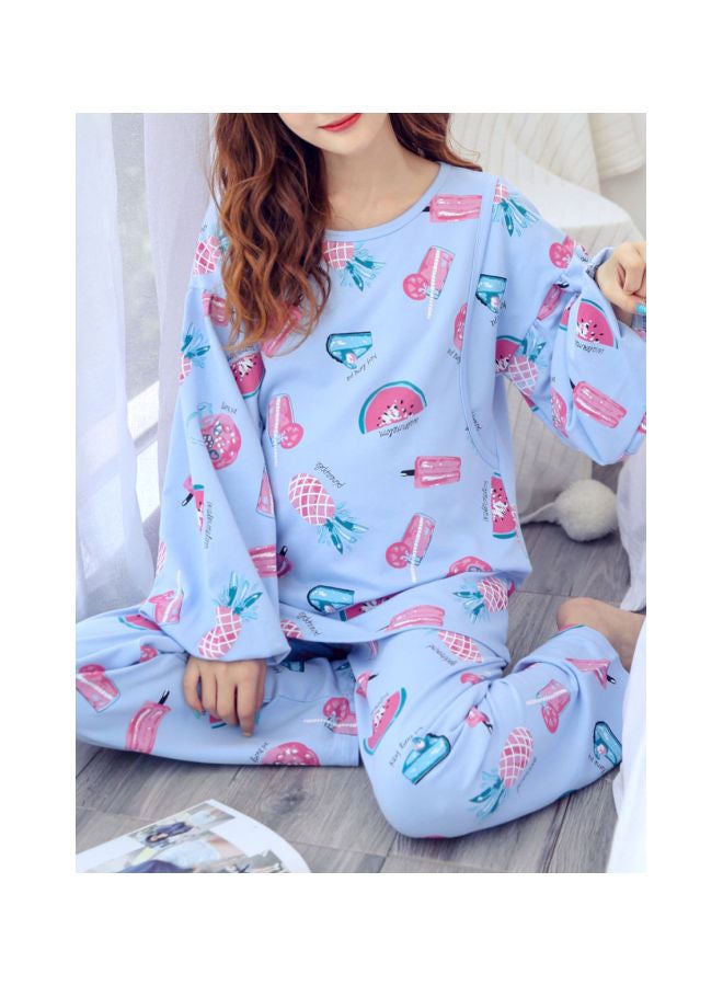 2-Piece Fruit Printed Maternity Pajama Set Blue/Pink/White - Image 3