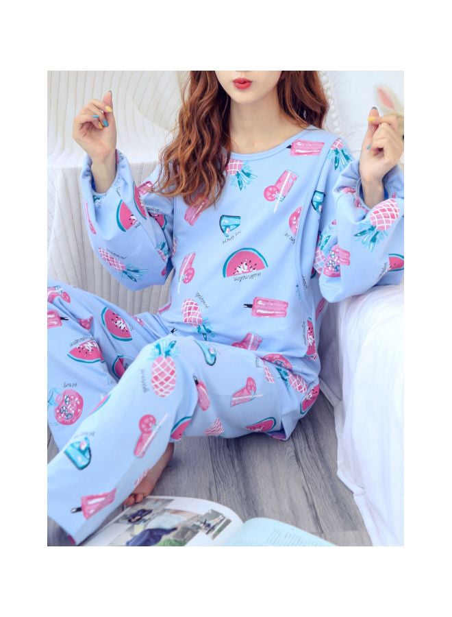 2-Piece Fruit Printed Maternity Pajama Set Blue/Pink/White - Image 4
