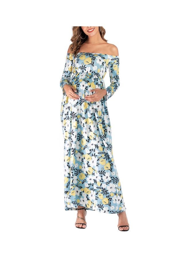Floral Printed Long Sleeves Maternity Dress Blue/White/Green  - Image 1