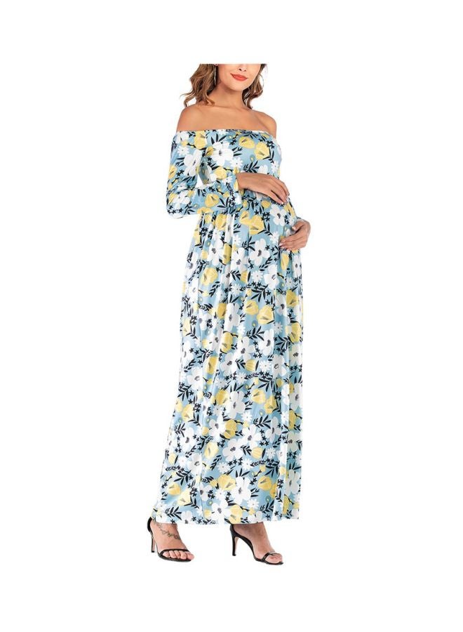 Floral Printed Long Sleeves Maternity Dress Blue/White/Green  - Image 3
