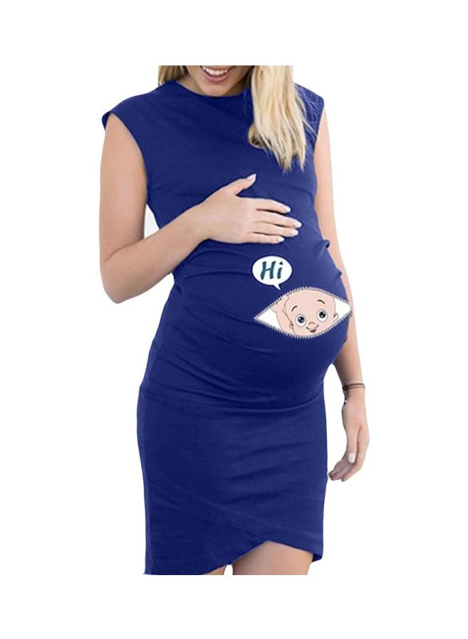 Round Neck Cartoon Printed Mini Maternity Dress Blue/Beige/White  - Image 1