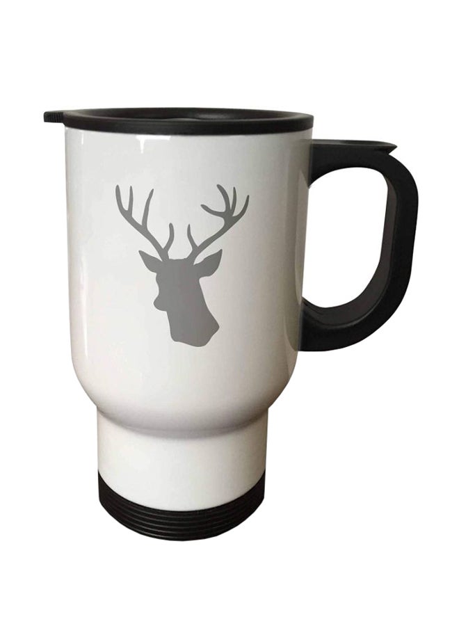 3Dروز مج للسفر بطبعة صورة ظلية لرأس غزال بقرون أبيض/رمادي