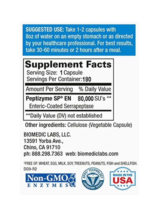 Biomedic Labs RX - Serra-RX80,000 SU Serrapeptase Dietary Supplement - 180 Vegetarian Capsules - Image 1