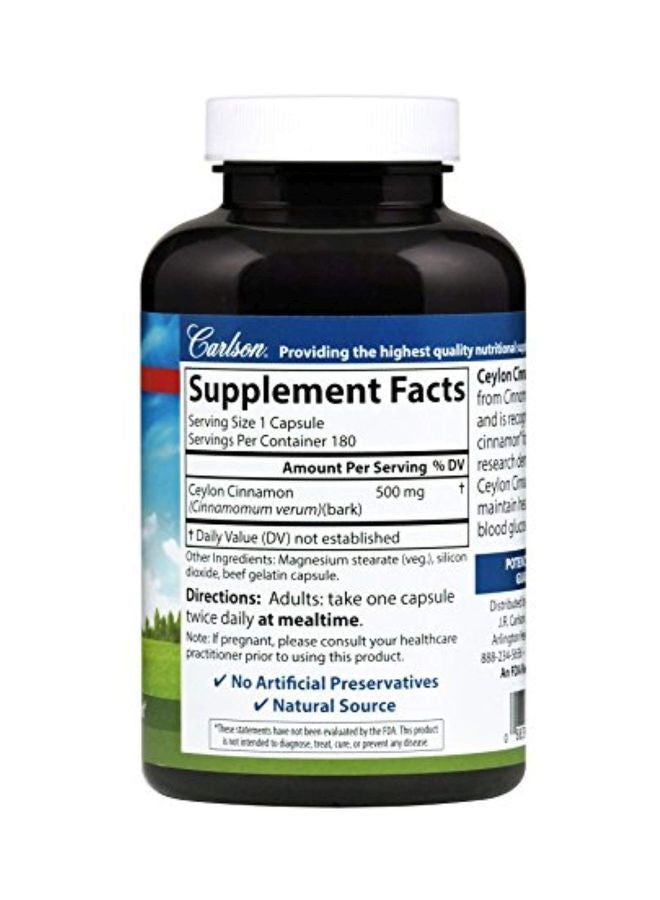 Carlson Ceylon Cinnamon True Cinnamon 500mg - 180 Capsules - Image 2