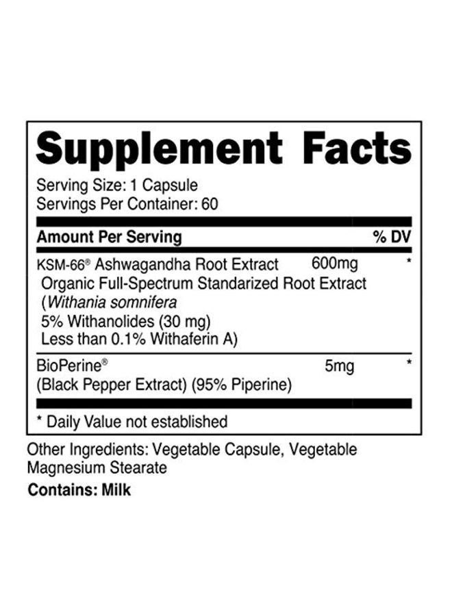 KSM-66 Ashwagandha Root Extract 600mg - 60 Capsules