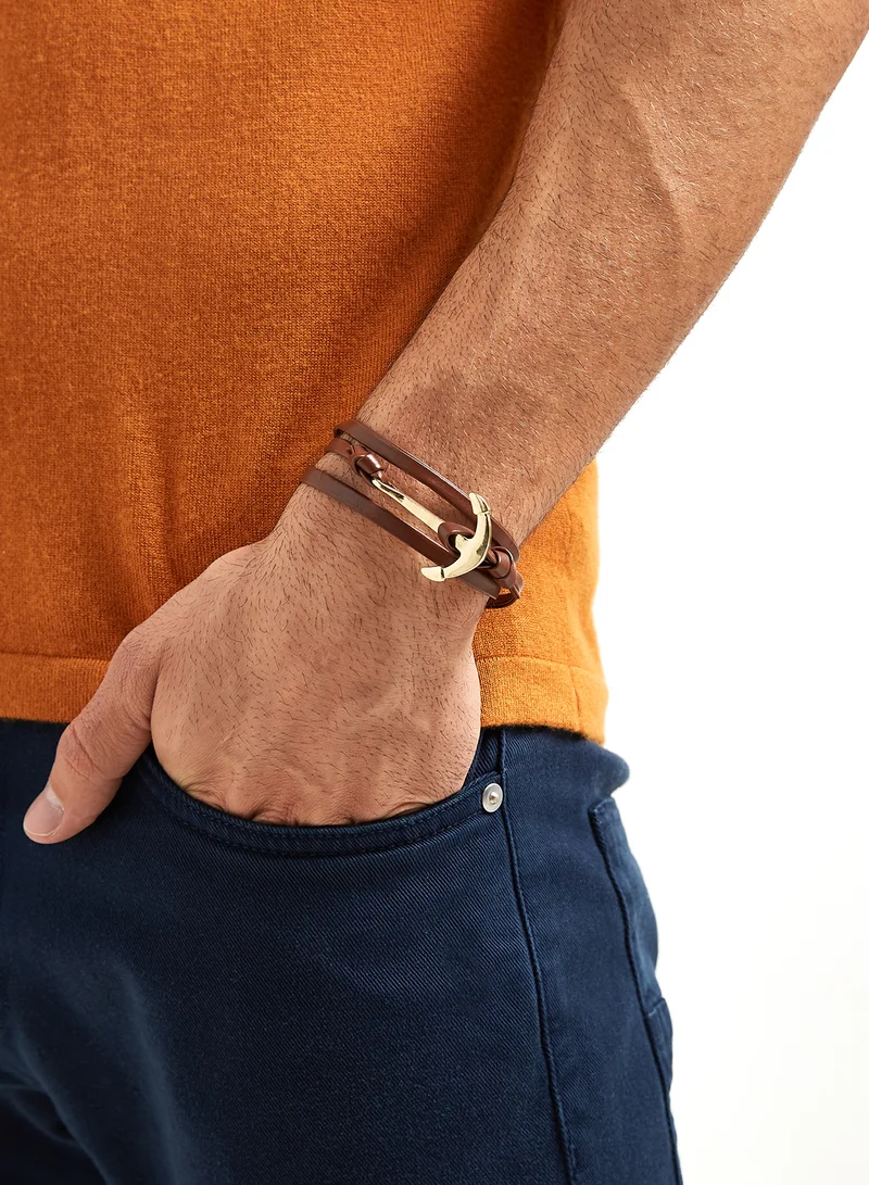 English Laundry Anchor Charm Leather Wrap Bracelet