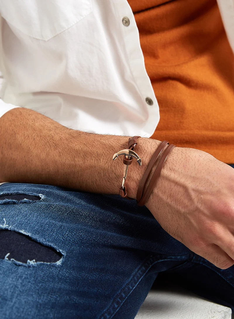 English Laundry Anchor Charm Leather Wrap Bracelet