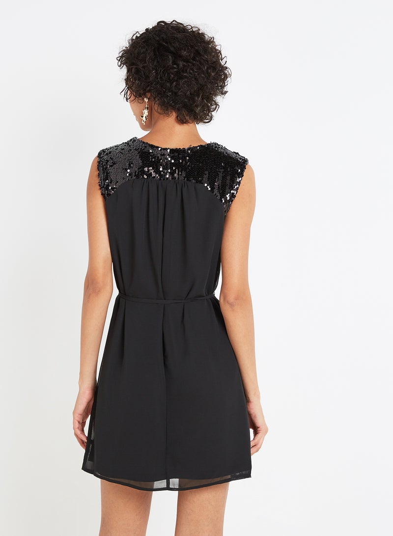 Jacqueline de Yong Sequin Trim Belted Sleeveless Dress Black  - Image 2