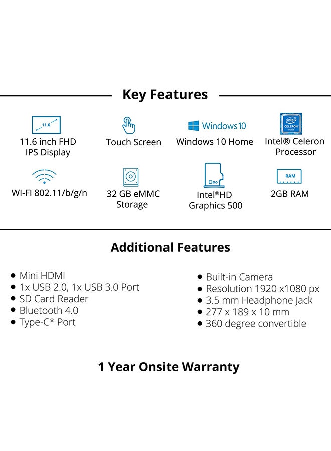 ZedNote Prime Convertible Laptop With 11.6inch Touch Screen Display, Intel Celeron Processor/2GB RAM/32 GB eMMC Damaged Box Gold