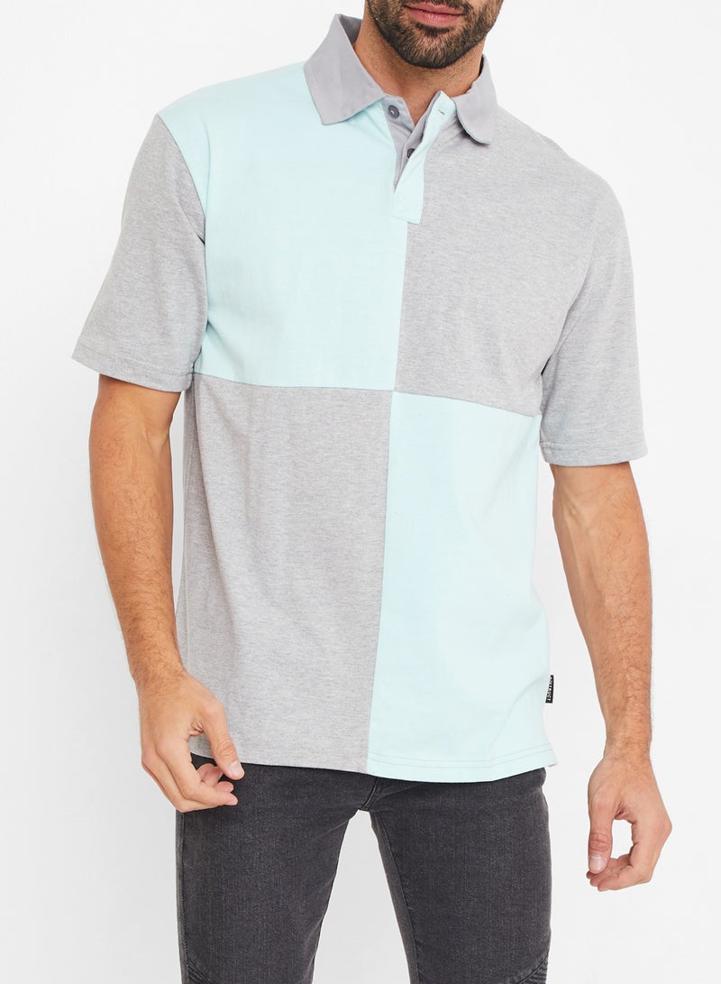 D-Struct Colourblock Panel Polo T-Shirt Grey/Mint  - Image 1