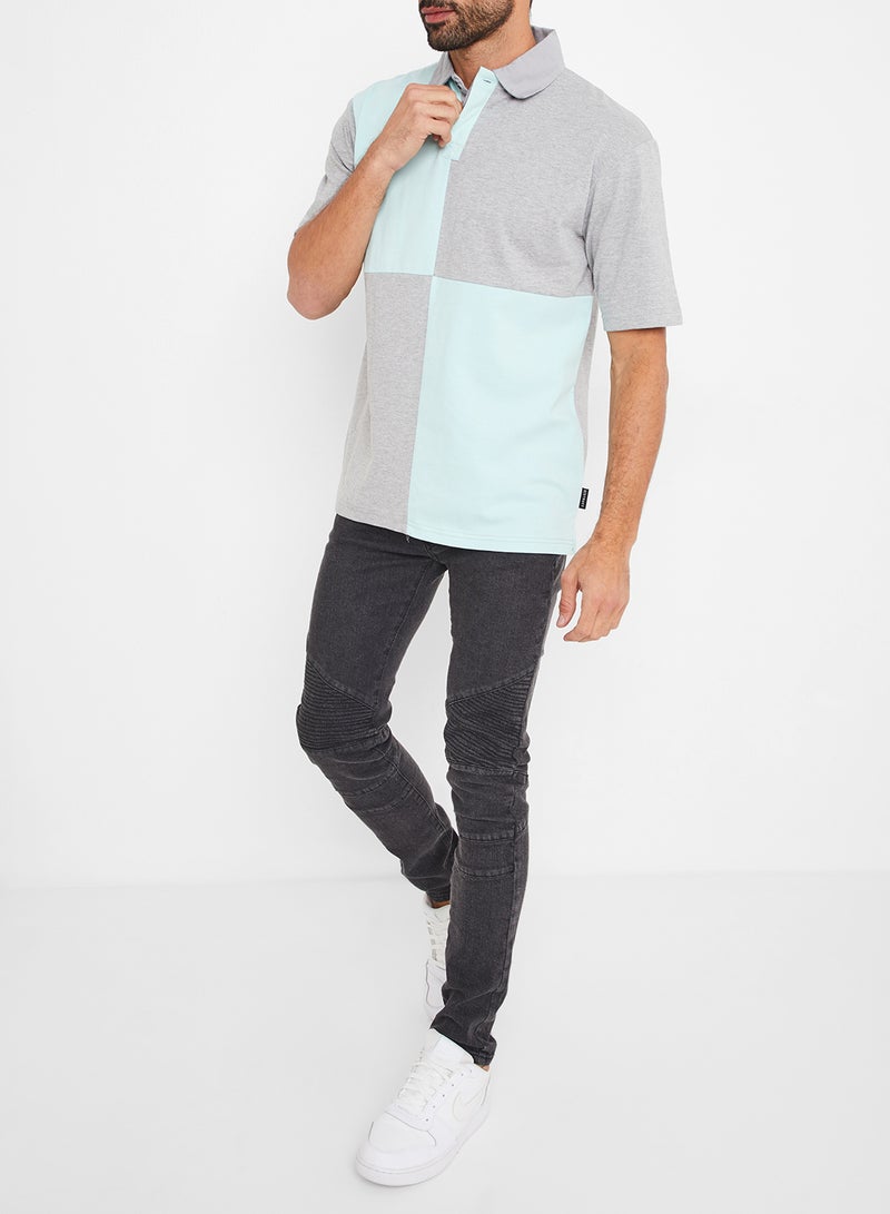 D-Struct Colourblock Panel Polo T-Shirt Grey/Mint  - Image 2