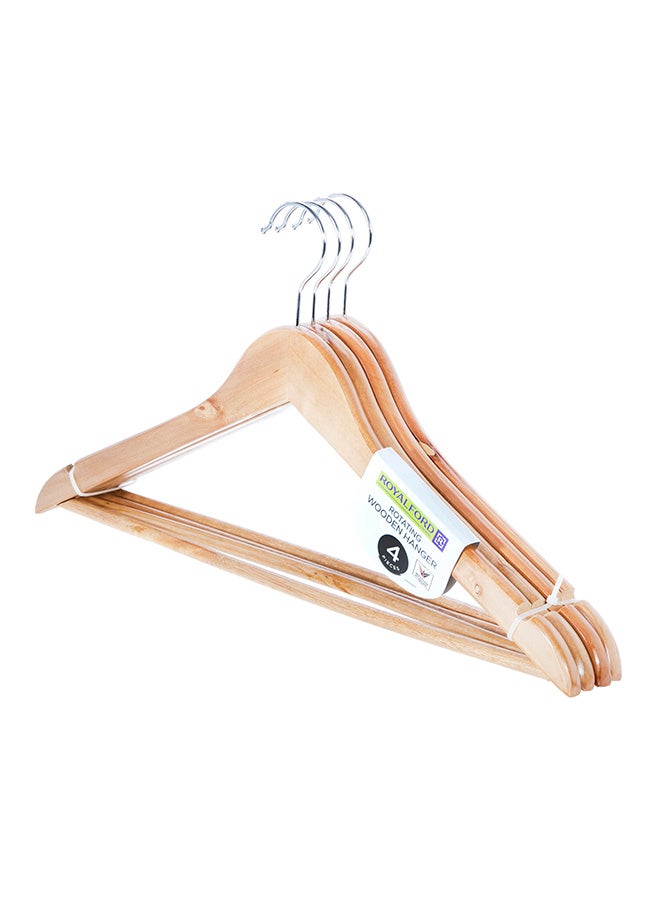 Royalford - 4-Piece Rotating Wooden Hanger For Clothes Coat Garment Suit Hangers Set Brown/Silver 45x5x23cm - Image 1