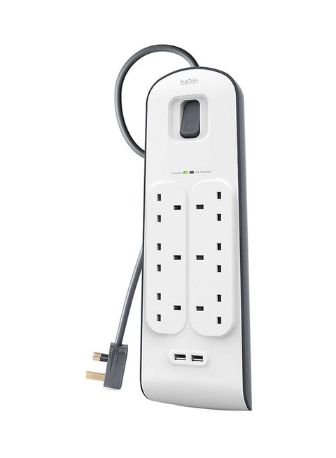 Belkin Bsv604Af2M6-Way Surge Protection Strip With 2 Meters Cord Length - Heavy Duty Electrical Extension Socket With 2 X 2.4 A Shared Usb Ports, Durable 14Awg Capacity With On/Off Switch - White White 2meter