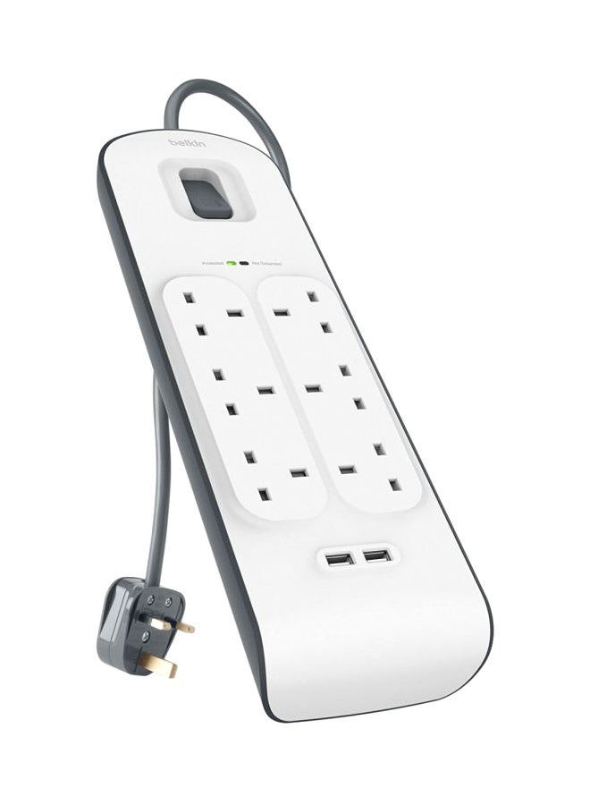 belkin - Belkin Bsv604Af2M6-Way Surge Protection Strip With 2 Meters Cord Length - Heavy Duty Electrical Extension Socket With 2 X 2.4 A Shared Usb Ports, Durable 14Awg Capacity With On/Off Switch - White White 2meter - Image 1