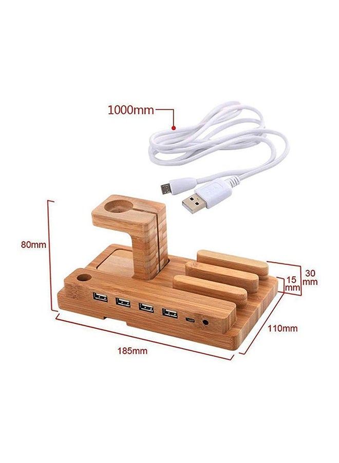 FINEC 4 USB Port And Apple Watch Stand Dock Charger Brown  - Image 2
