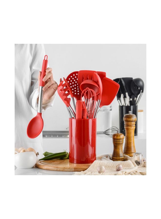 طقم أدوات طبخ مصنوعة من السيليكون مكون من 14 قطعة أحمر/فضي - Image 2