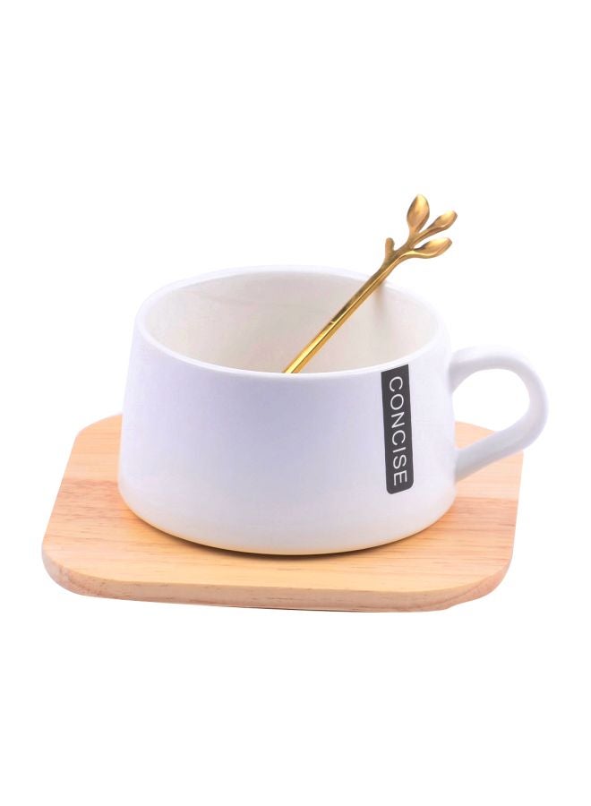 Home Concept 3-piece Cup And Saucer Set With Wooden Plate White/Brown 14x14x8cm  - Image 1