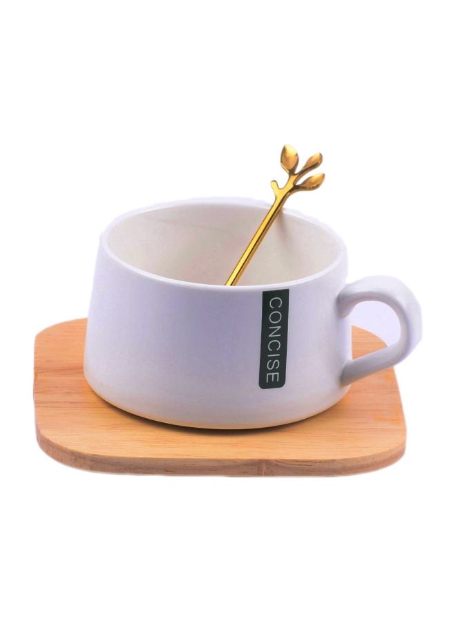 Home Concept Cup And Saucer Set With Wooden Plate White/Brown/Gold 14x14x8centimeter 