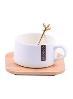 Home Concept Cup And Saucer Set With Wooden Plate White/Brown/Gold 14x14x8centimeter  - Image 1