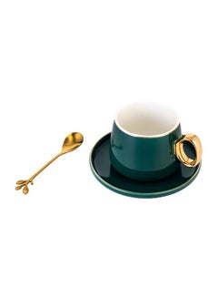 Home Concept 3-Piece Ceramic Cup And Saucer Set Green/White/Gold 15x10x5centimeter 