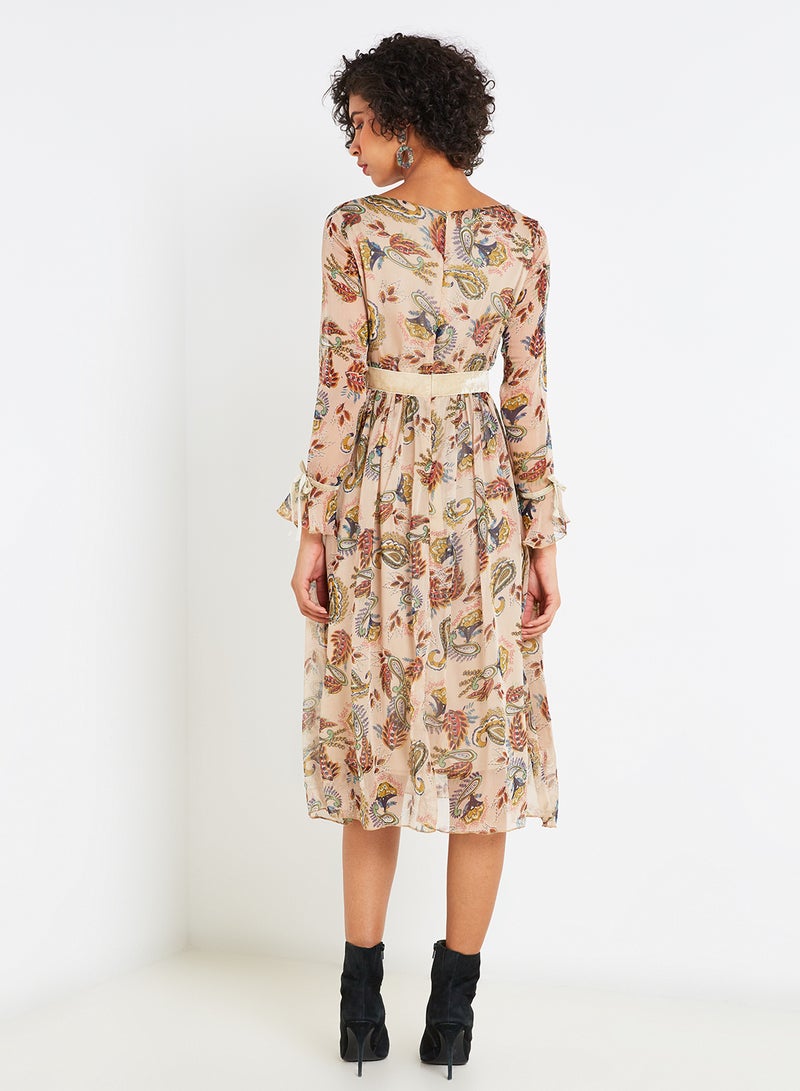 رو أورانج فستان متوسط الطول بنقشة الزهور بيج - Image 2