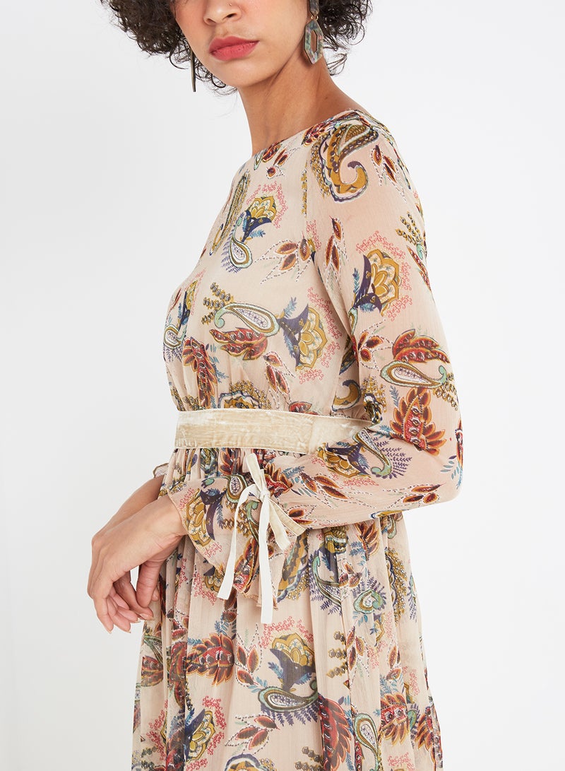 رو أورانج فستان متوسط الطول بنقشة الزهور بيج - Image 3