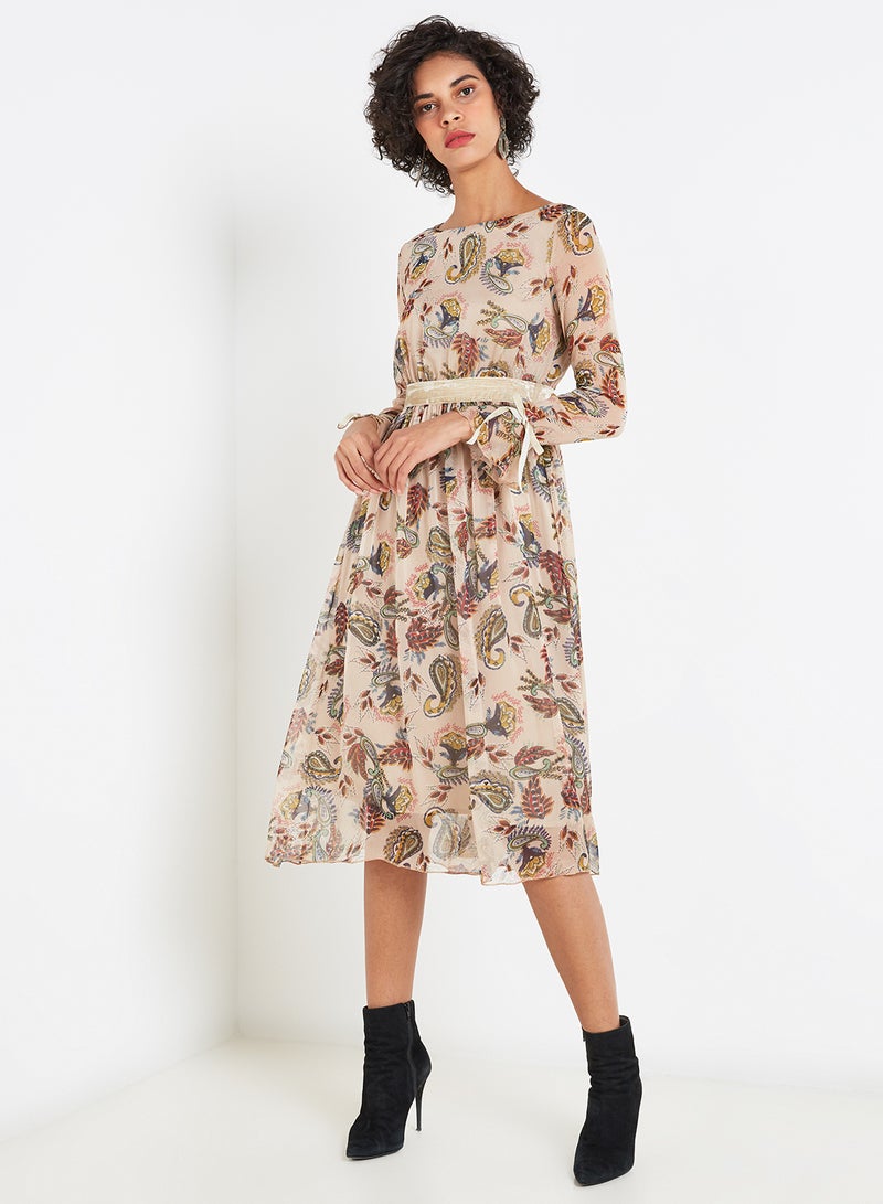 رو أورانج فستان متوسط الطول بنقشة الزهور بيج - Image 1