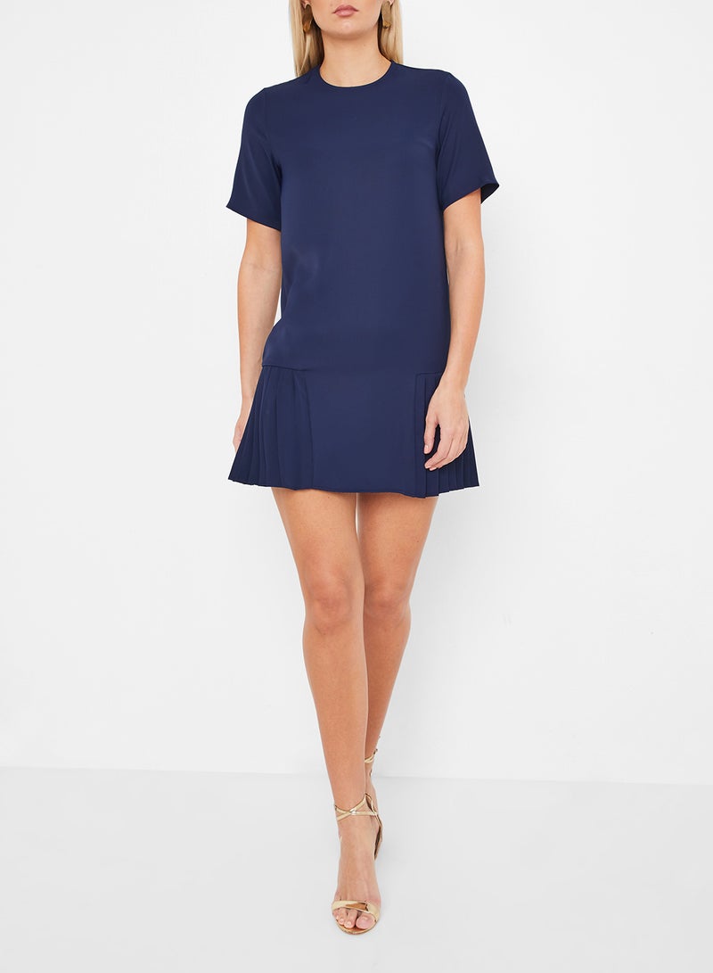 Stock Pleated Hem Detailed Short Sleeve Dress Navy  - Image 2