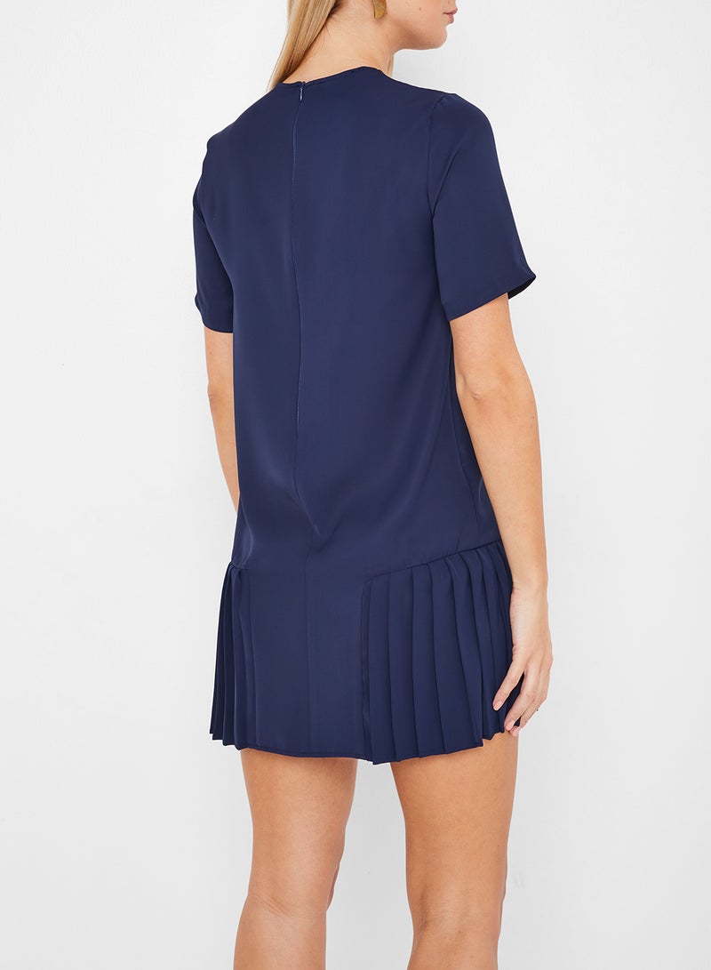 Stock Pleated Hem Detailed Short Sleeve Dress Navy  - Image 3
