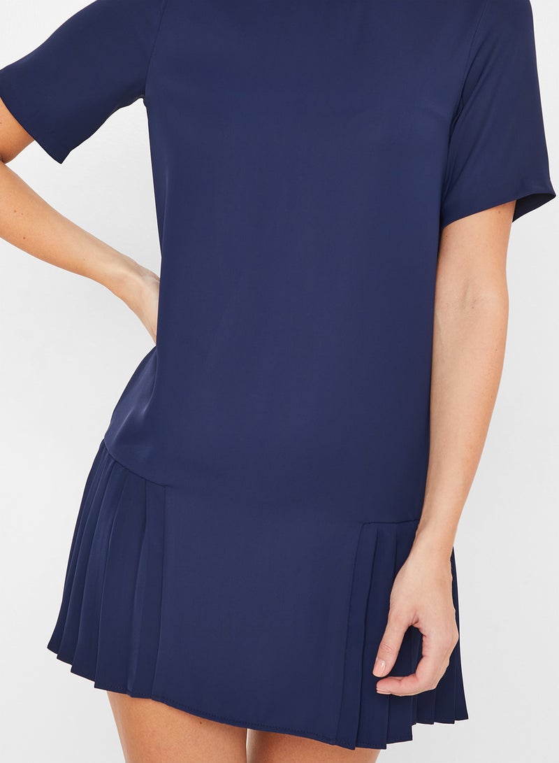 Stock Pleated Hem Detailed Short Sleeve Dress Navy  - Image 4
